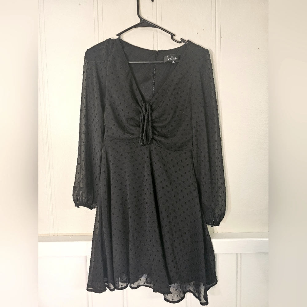 Lulus Size Small Sheer Sleeve Polkadot Black Dress